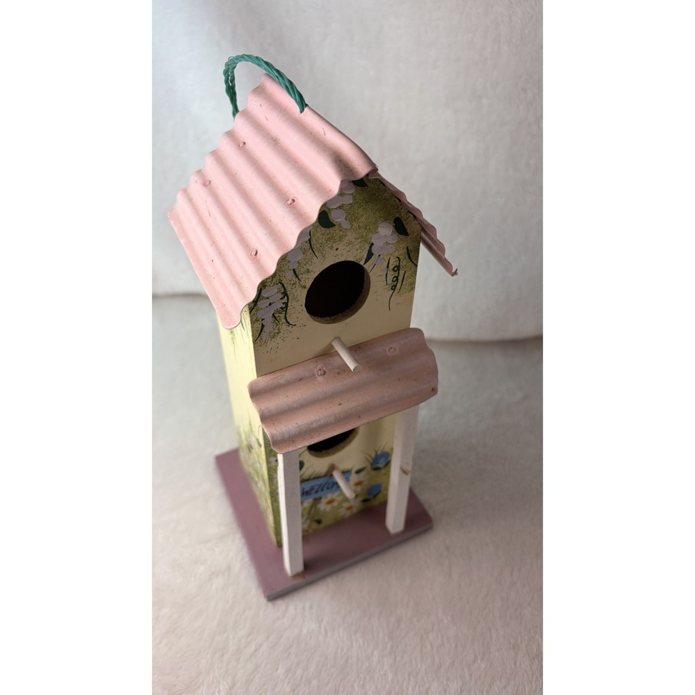 9" Decorative 2-Story Wooden Birdhouse - Pink Metal Roof Floral Cottagecore EUC